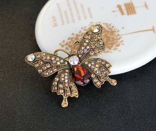 Golden Butterfly Pin w Oil Slick & Burgundy Rhinestones - Picture 5 of 9