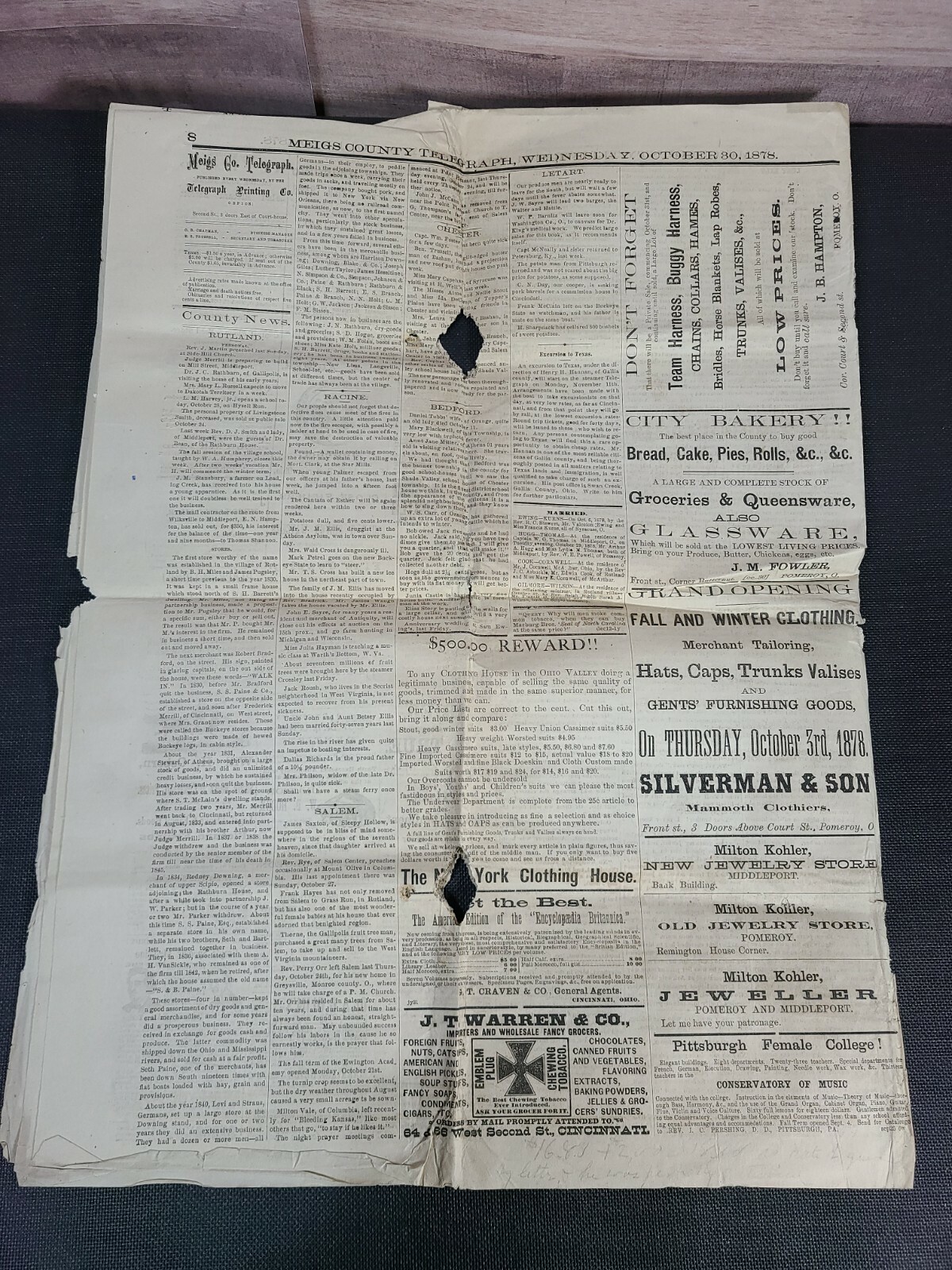 1878 Meigs County Telegraph Newspaper Pomeroy Meigs County Ohio eBay