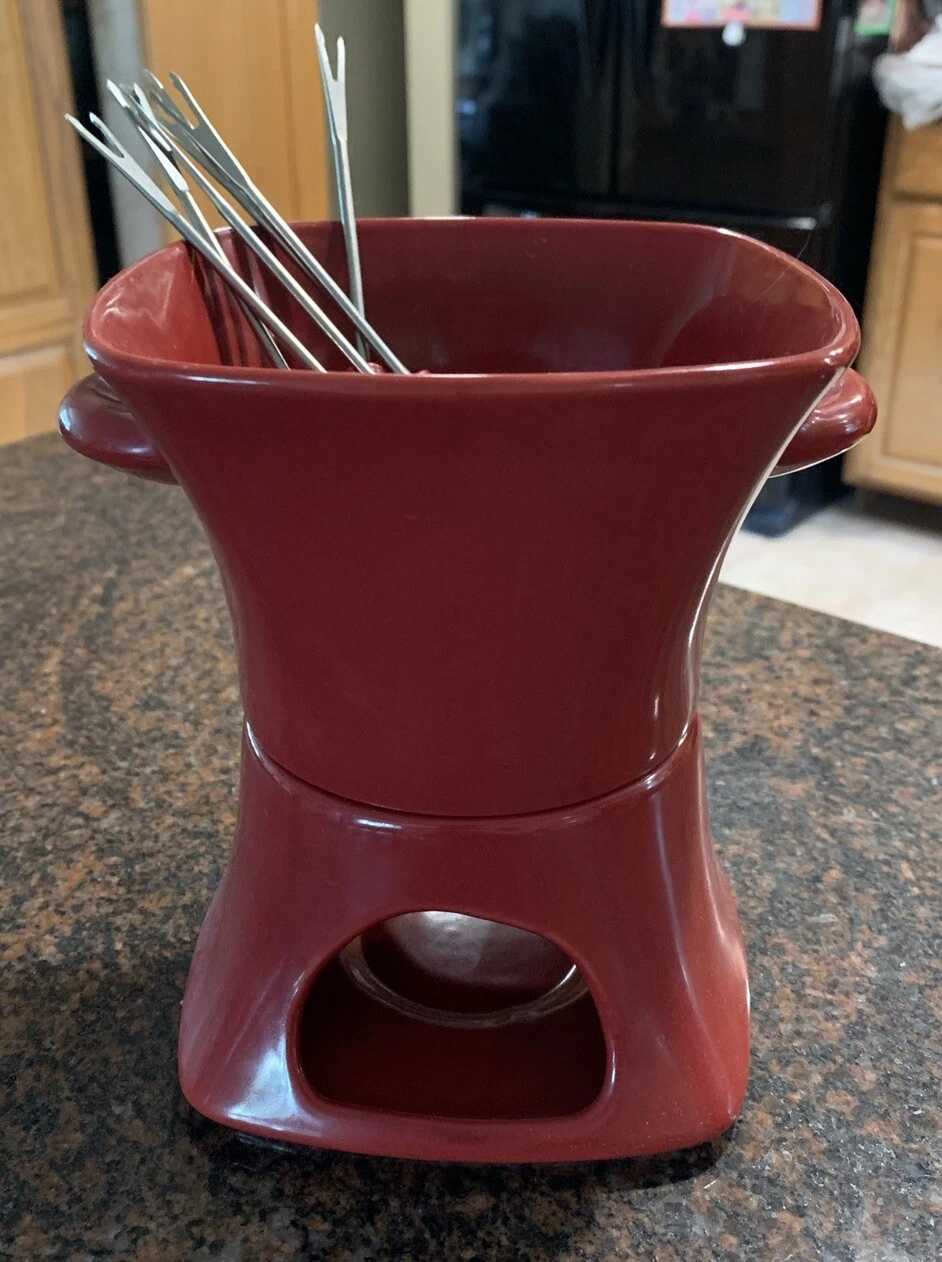 Williams Sonoma Red Stoneware Fondue Set Bowl, Warmer Base & Six Forks