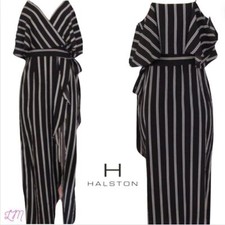 H by Halston Dress Tie Belt Front Slit Black White Pinstripe SIze 8