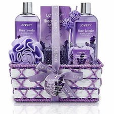 Bath & Body Gift Basket For Women, Honey Lavender Home Spa Set with Oil Diffuser