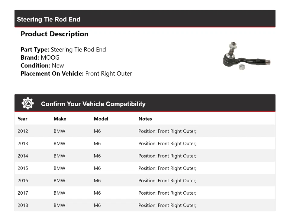 For 2012-2018 BMW M6 Steering Tie Rod End Front Right Outer MOOG 2012 2013 2014 - Image 2 of 4