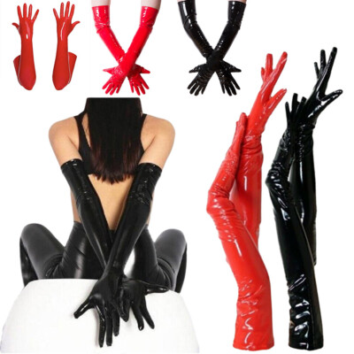 Sexy Damen Wetlook lang Handschuhe glänzend Lack Leder Abendhandschuhe Kostüm