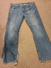 Mens Levi’s 527 Low Bootcut Distressed 1 Cut Ripped Leg Cotton Denim JEANS 38x32