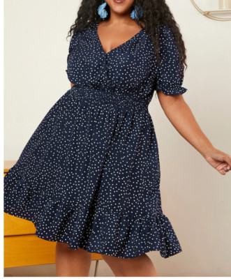 blue polka dot ruffle dress Womens Flowy summer spring casual (Size M) Ruffle maxi dress
