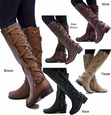 New Women Ecd Brown Black Buckle Riding Knee High Cowboy Boots 5.5 to 11