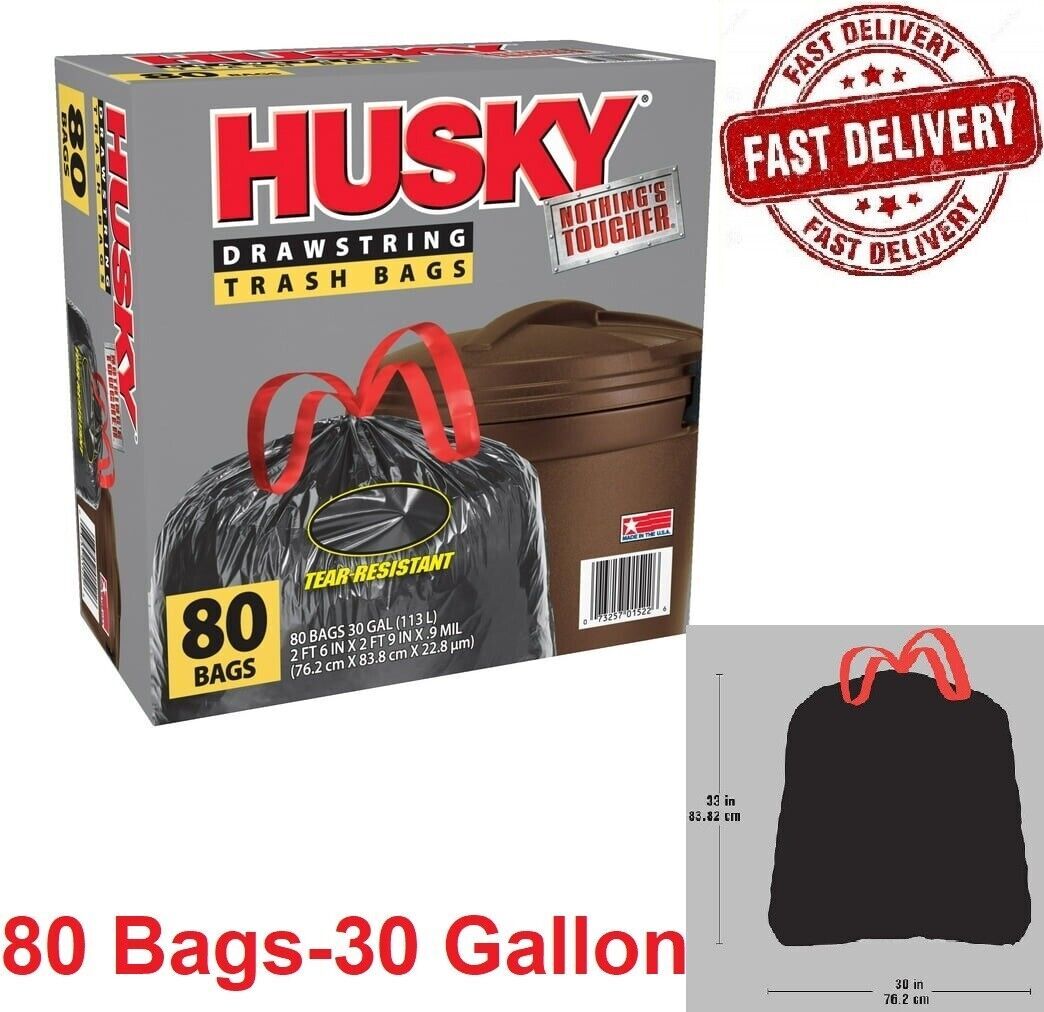 Husky Large Trash Bags, 30 Gallon, 80 Black Bags (Unscented, Tear