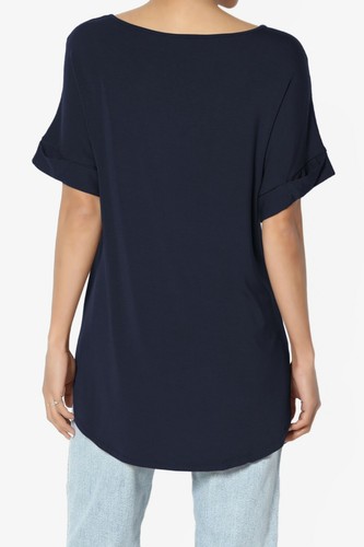 TheMogan S~3X Wide V-Neck Cuffed Short Sleeve Curved Hem Luxe Jersey Top - Picture 184 of 212