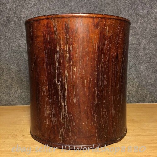 Ancien vase crayon pot rond lisse en bois de vendu Huali marqué chinois 8