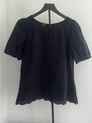 Talbots Top M Black Butterfly Eyelet Puff Sleeve Round Neck Cropped Lined Cotton