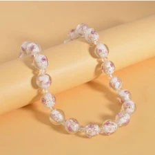 White Color Murano Style & White Glass Beaded Necklace 20-22In  in Silvertone