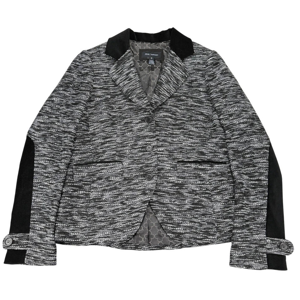 PINK TARTAN Wool Blend Black Velvet Trim 3 Button Blazer Jacket Sz 8 White Black - Image 3 of 4