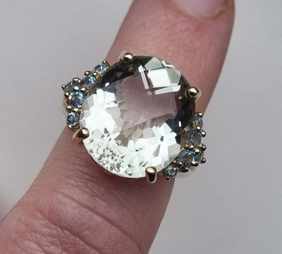 Großer schwerer Ring 9 kt Gold gepunzt Prasiolith & Blautopas 6,2 g m
