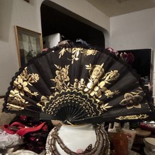 Vintage Black Gold Victorian Style Fabric Hand Fan Floral Design Formal Occasion