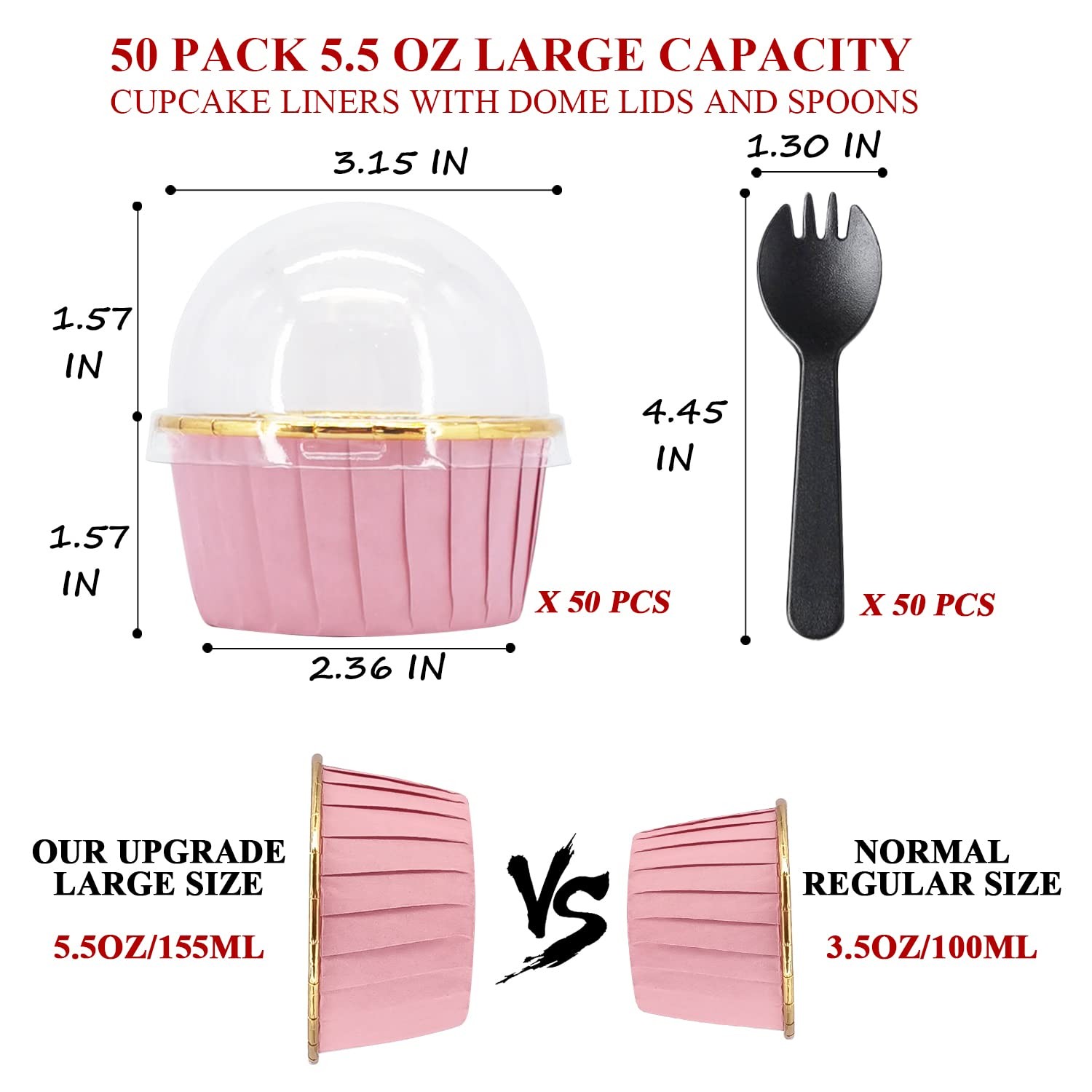 50 Foil Cupcake Liners with Clear Dome Lids, 5oz Large Capacity, Oven Safe