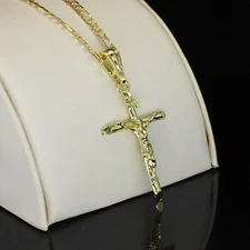 14k Gold Plated Crucifix Pendant 20" Figaro Chain Men Women Necklace