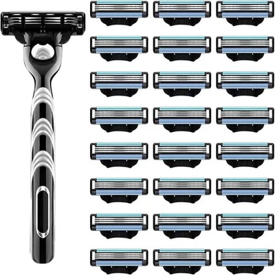 24 3-Layer Razor Blade Refills with 1 Handle for Gillette Mach 3 Men's Razor‌