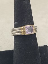 Sterling Silver 925 Ring Square Amethyst Set In A Gold Plated Bezel Size 7