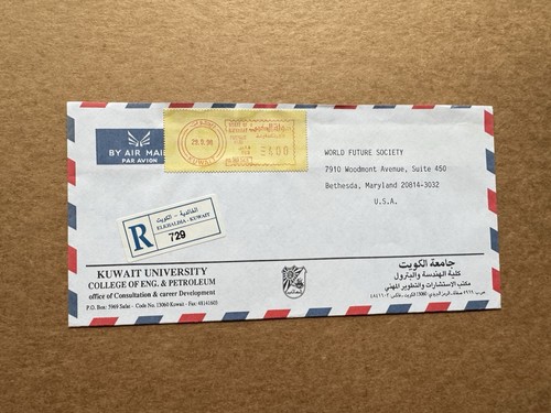 Kuwait 1998 Reg Meter Cubierta a EE. UU. + Cinta Meter #568 + World Future Society + Univ - Imagen 1 de 2