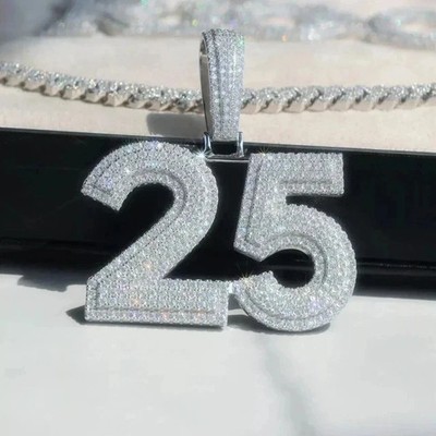 2.50Ct Round Cut Moissanite Any Custom Number Pendant 14K White Gold Plated