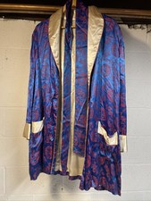 1960 s Japanese Asian Embroidery Dragon Smoking Jacket Robe Blue Paisley Vtg