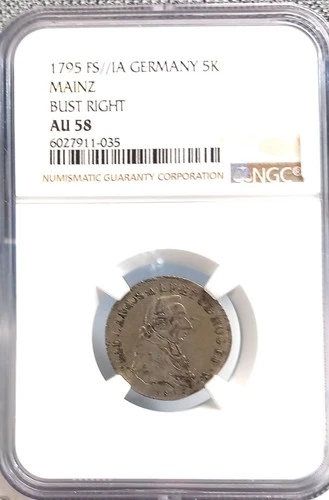 GERMANY MAINZ 1795 FS/IA 5 KREUZER BUST RIGHT NGC AU 58