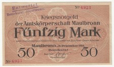 GERMANY  MAULBRONN  50 MARK  KRIEGSNOTGELD  1918  UNC