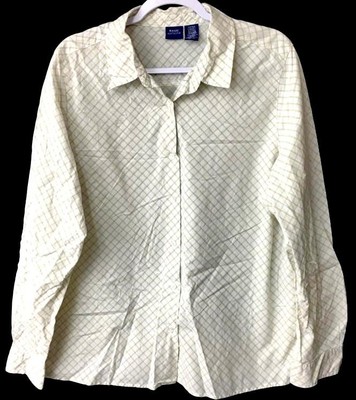 Basic Editions XL white green plaid button down collared long sleeve top