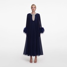 Self portrait NAVY CHIFFON FEATHER MIDI DRESS $1060 Size US 8