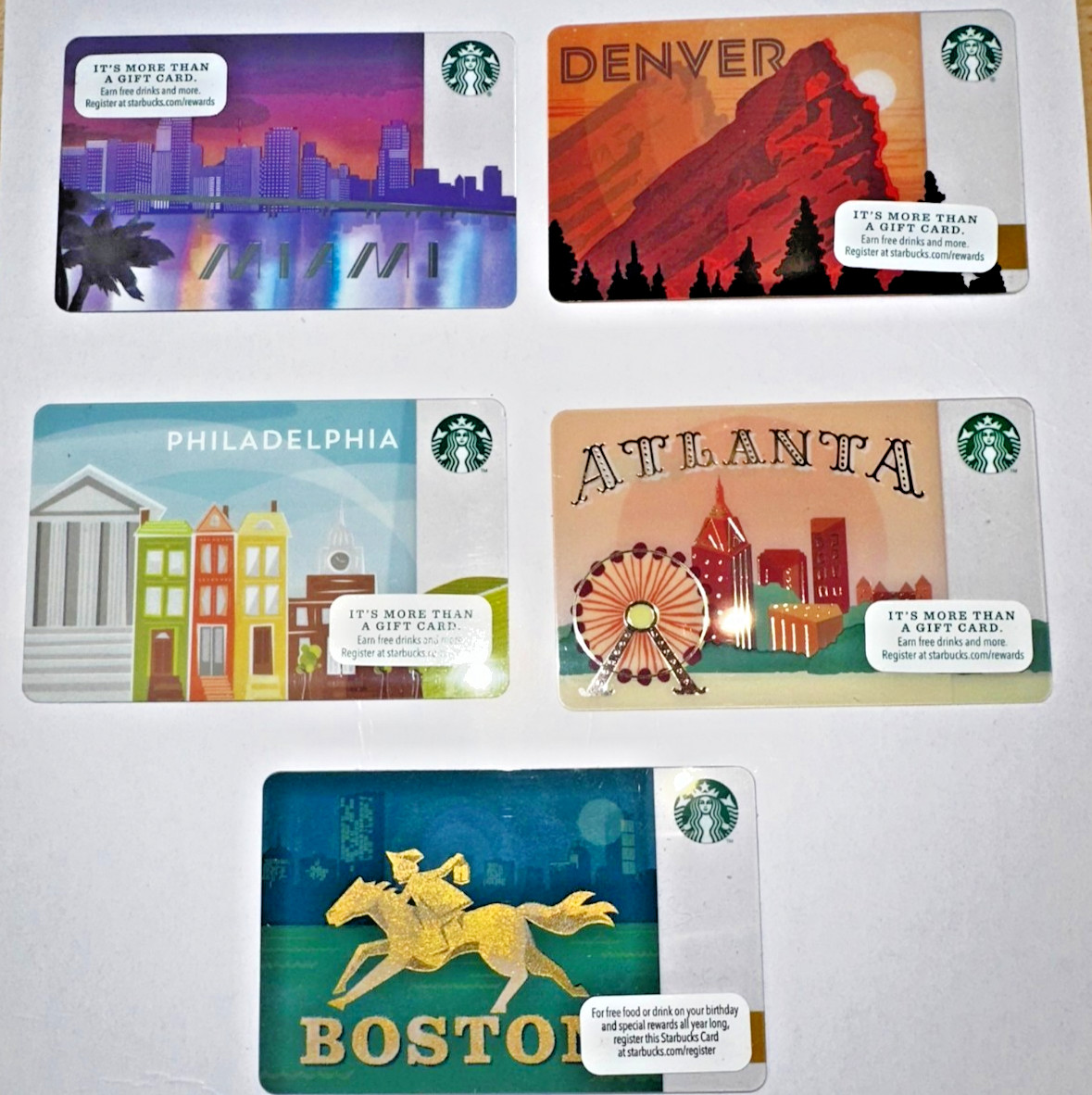 STARBUCKS CARDS 5 Cities - Boston, Miami, Denver, Atlanta an