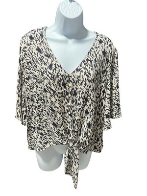 Lush Leopard Black Ivory Button Down Crop Blouse M