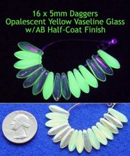 10 sztuk 16 x 5mm SZTYLETY Czeskie OPALIZUJĄCE AB Żółte WAZELINE / URAN SZKLANE KORALIKI