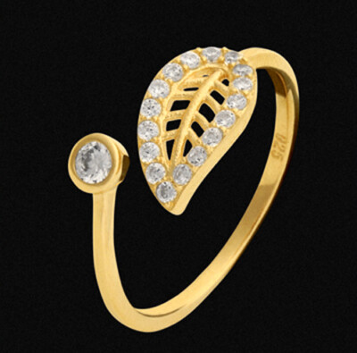 925 GENUINE SILVER GOLD PLATED *** Zirconia Leaf Ring with Open Ring Rail