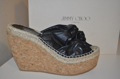 NEW Jimmy Choo PRIORY KNOTTED DOUBLE BAND Black Leather Cork Wedge Sandal 39.5