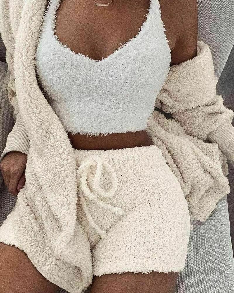 Women Fluffy Cardigan Jacket Crop Top 