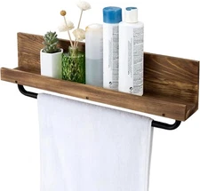 22-Inch Burnt Wood w/ Metal Pipe Towel Bar, Wall Mounted Bathroom Storage Shelf