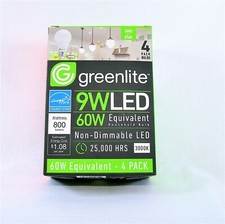Lot of 4 Greenlite 9W LED 60W non-Dimmable 25,000 Hours Energy Star Light Bulbs