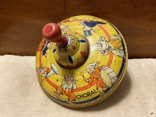 Vintage Wyandotte 7  Tin Litho Spinning Top W/Wooden Handle-Works