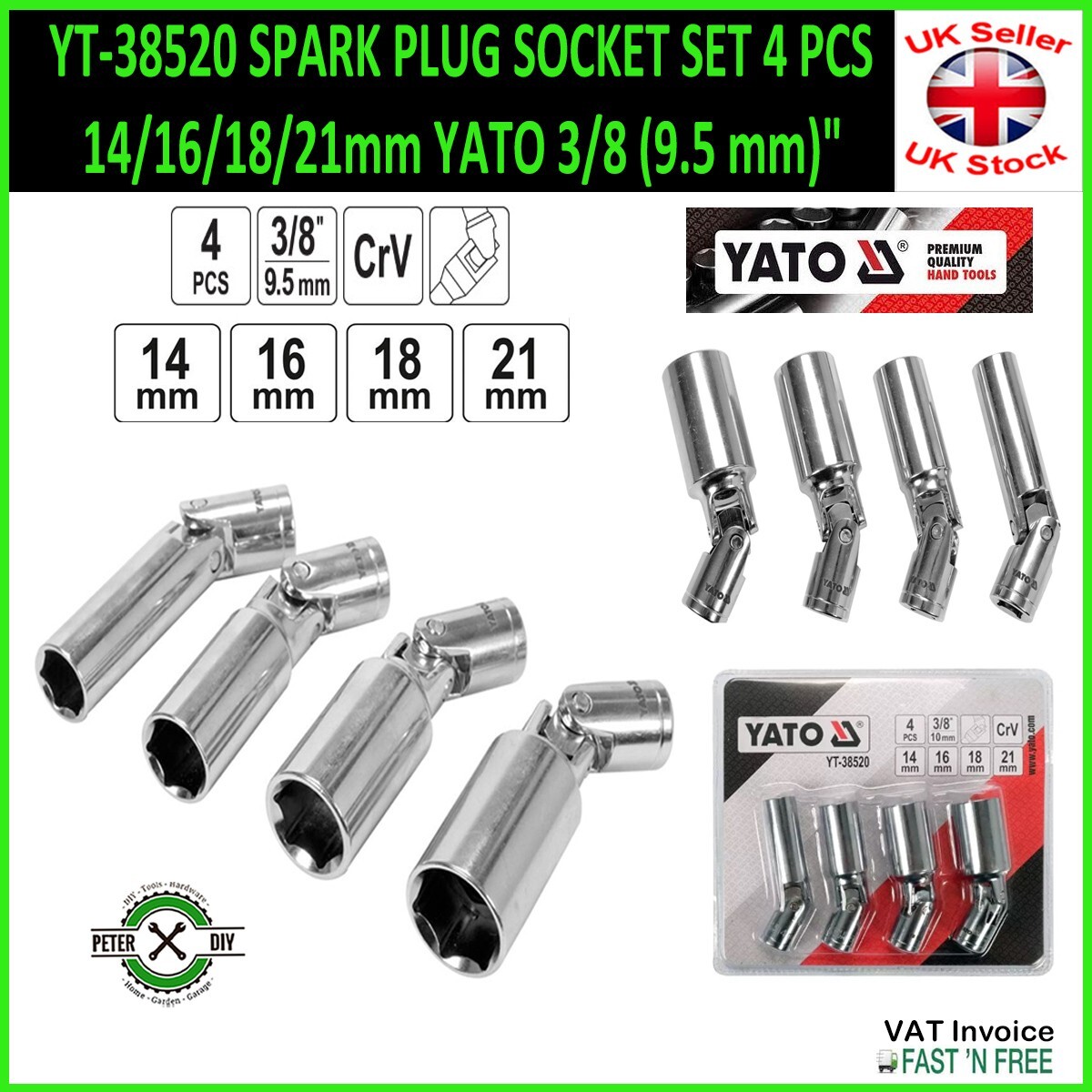 SPARK PLUG SOCKET SET 4 PCS 14/16/18/21mm YATO 3/8