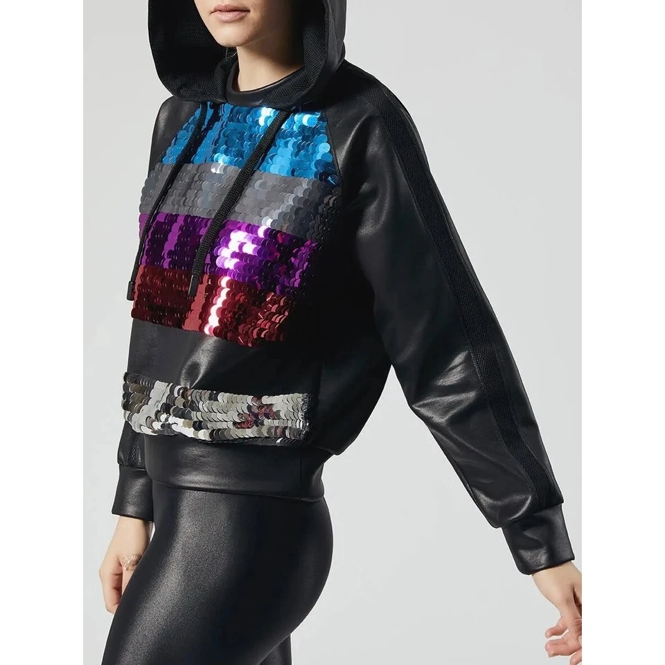 No Ka'Oi Sequin Hoodie Faux Leather Trim Pullover Athleisure Top 00 - Image 2 of 4