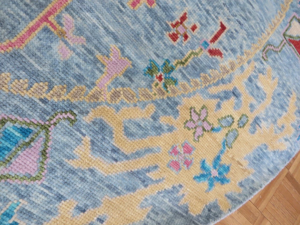 6'2 x 6'2 Round Hand Knotted Sky Blue Colorful Oushak Oriental Rug G13604 - Image 4 of 4
