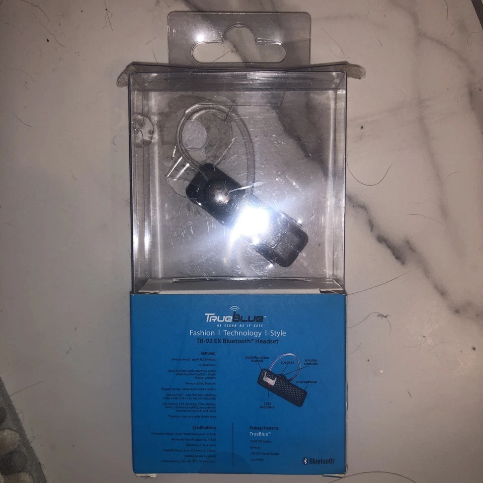 True Blue Bluetooth Headset TB-92EX Unused New In Package 4 Hour Talk Time - Image 2 of 2