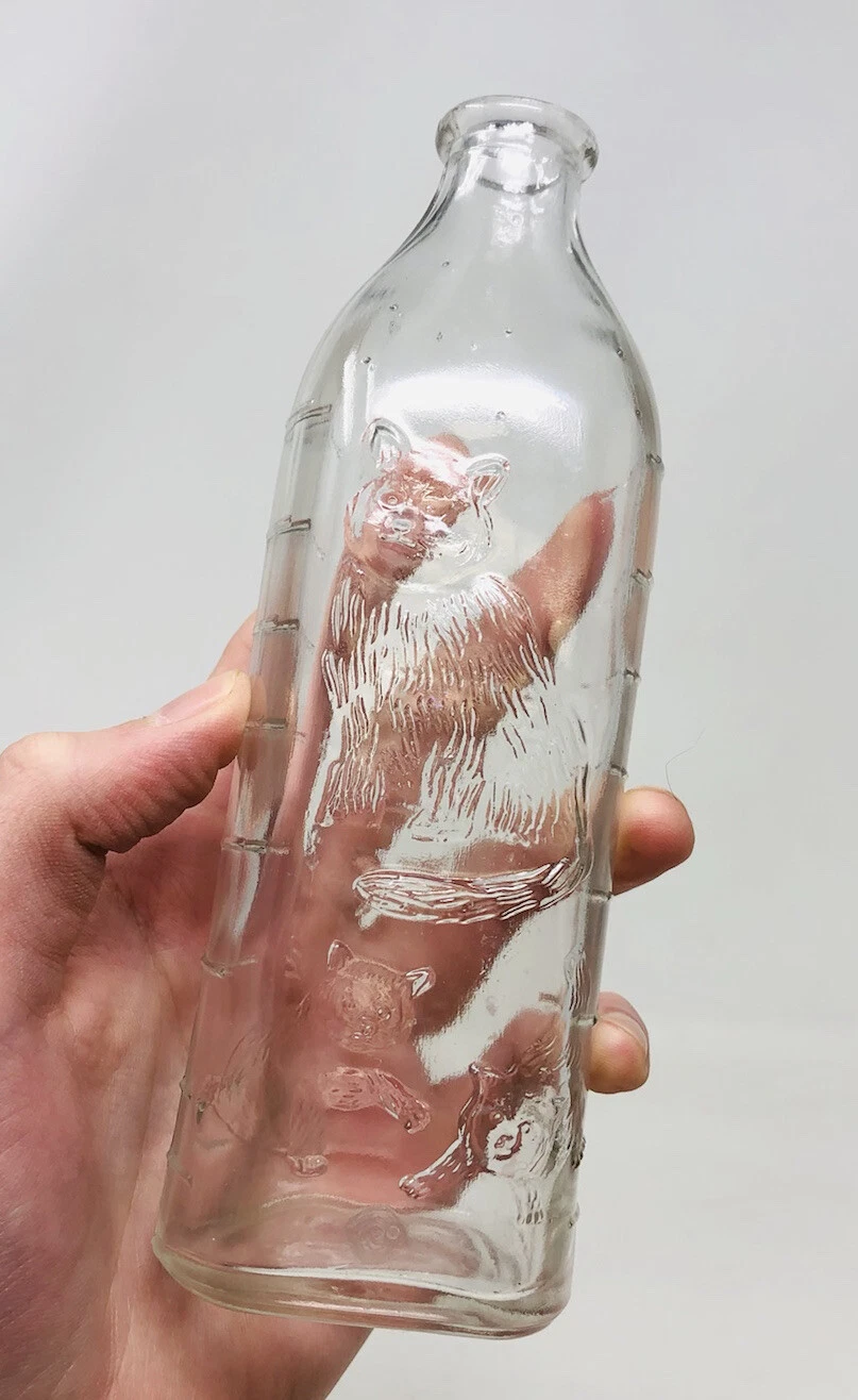 Antique 8 Oz Glass Baby Bottle Embossed Cat And Kittens Yarn Hazel Atlas KP21