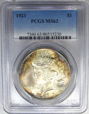 1923 $1 PCGS MS63 SILVER PEACE DOLLAR~ RAINBOW RIMS & HIGH-END!
