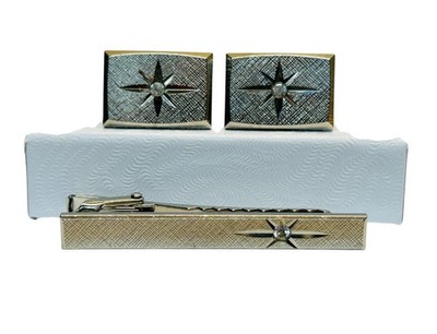 Vintage Starburst Diamante Cufflinks and Tie Clip Star Set Silver Tone
