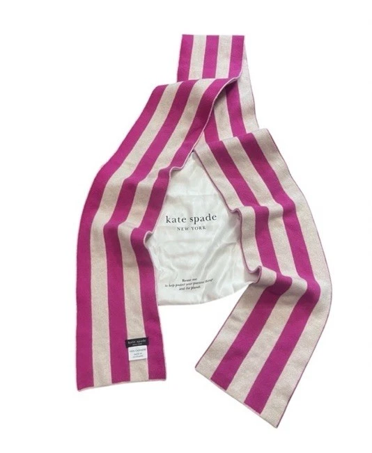 100% Cashmere Made In Scotland Kate Spade Pink And Cream Striped Scarf W/dustbag - Image 2 of 4