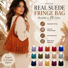 Suede Fringe Bag, Real Leather Shoulder Bag, Boho Tassel Handbag, Zipper Tote