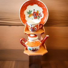 Vintage 5pc Mini Porcelain Tea Set Orange Geisha Teapot Cup Plate w/ Stand