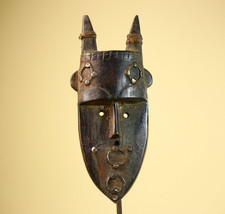 African Tribal Mask Carved Wood Horned Crest C&ocirc;te d&rsquo;Ivoire Wall Decor-G5895