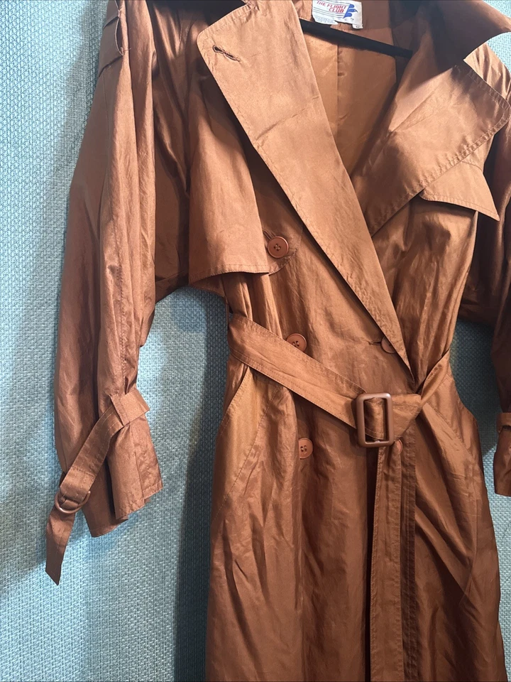 Gabardina de seda vintage The Flight Club marrón óxido cobre con cinturón años 80 90 grande Foto 2 de 4